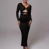 Mozision hollow out long sleeve sexy maxi dress for women fashion solid V neck back split bodycon club long dress elegant