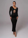 Mozision hollow out long sleeve sexy maxi dress for women fashion solid V neck back split bodycon club long dress elegant