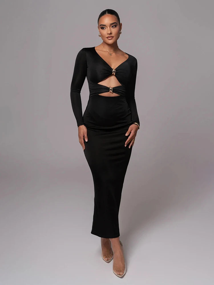 Mozision hollow out long sleeve sexy maxi dress for women fashion solid V neck back split bodycon club long dress elegant