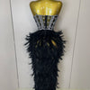 Stock 2025 Women Sexy Sparkly Rhinestone Mesh Feather Long Dress Elegant Evening Party Celebrate Birthday Performance Costume