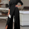 New Flat Elegant Office Women's Loose Ruffle Cold Shoulder Split Wide Leg jumpsuit Single Shoulder Formal Elegant Party jumpsuit
