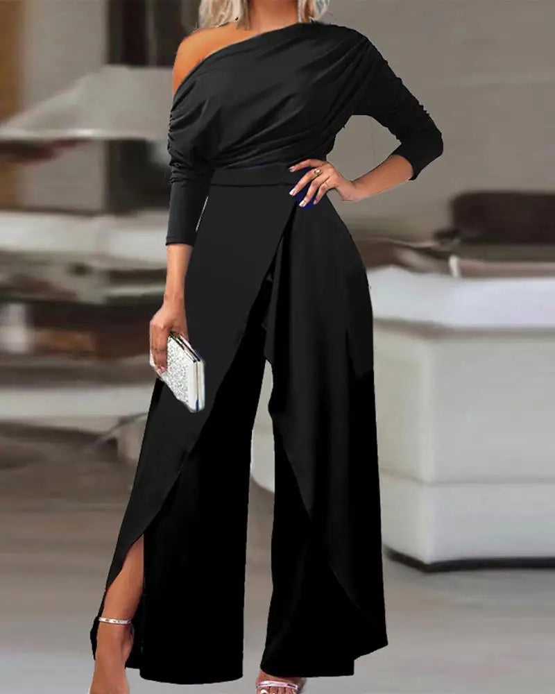 New Flat Elegant Office Women's Loose Ruffle Cold Shoulder Split Wide Leg jumpsuit Single Shoulder Formal Elegant Party jumpsuit