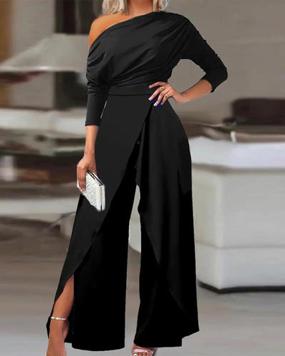 New Flat Elegant Office Women's Loose Ruffle Cold Shoulder Split Wide Leg jumpsuit Single Shoulder Formal Elegant Party jumpsuit