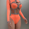 Sexy See-Through Strapless Rhinestone Tops Zipper Jacket High-waisted Shorts 3-Pieces Sets Party Nightclub Perfprmance Costume