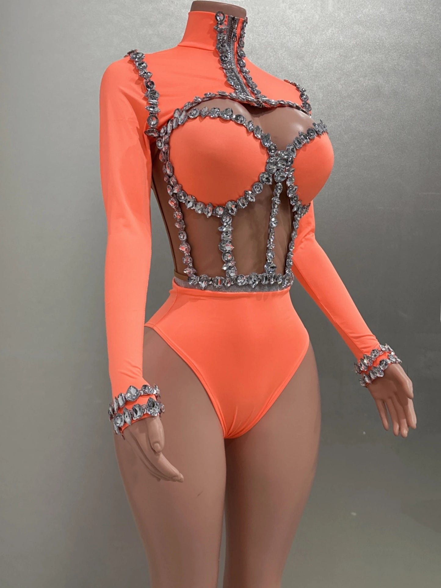 Sexy See-Through Strapless Rhinestone Tops Zipper Jacket High-waisted Shorts 3-Pieces Sets Party Nightclub Perfprmance Costume