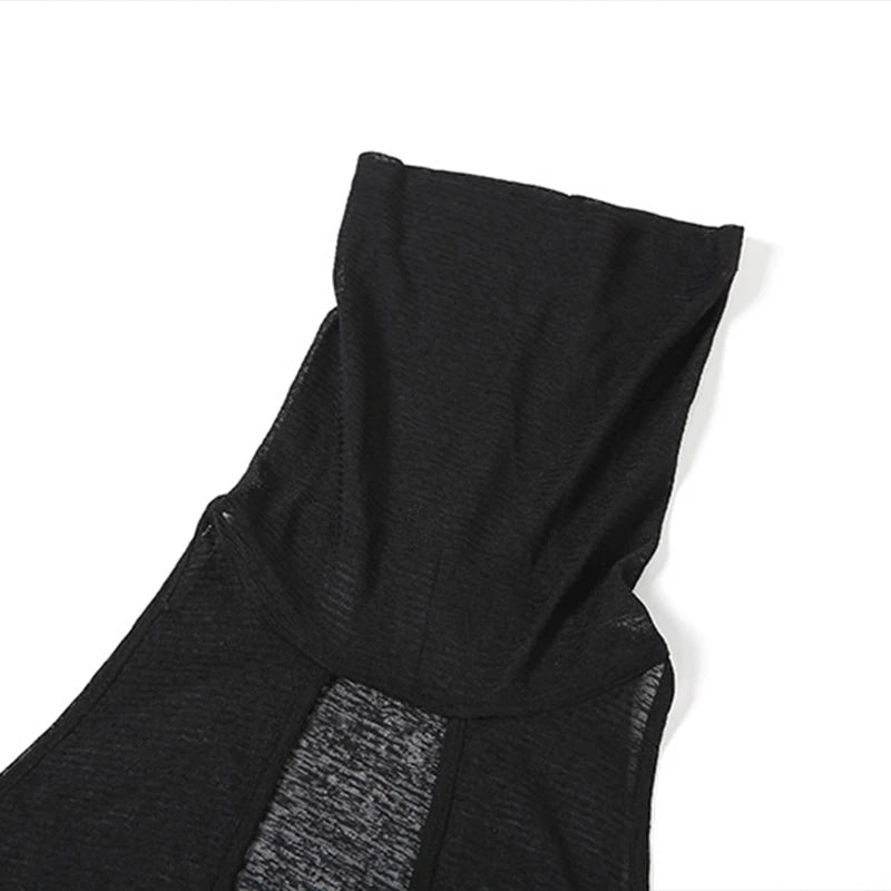 OMSJ Women Gothic 2024 Black Hooded Knitted High Split Long Dress Hollow Sexy See-through Straight Dress Festival Rave Club Wear