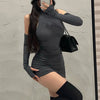 Summer Sexy High Neck Tight Dress Oversleeve Pleated Bottom Wrapped Hip Dress Women Bodycon