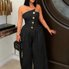 Beyprern New Chic Button Details Palazzo Jumpsuit One Piece Outfits Womens Ruched Strapless Wide Legs Jumpsuits Romper Clubwear