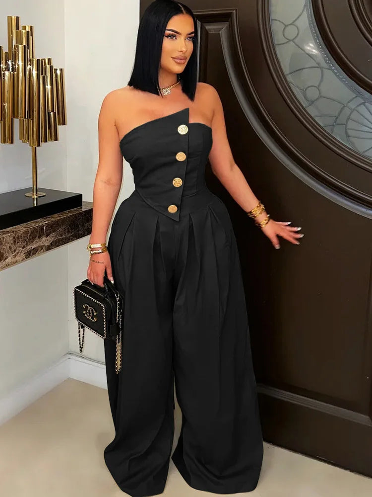 Beyprern New Chic Button Details Palazzo Jumpsuit One Piece Outfits Womens Ruched Strapless Wide Legs Jumpsuits Romper Clubwear