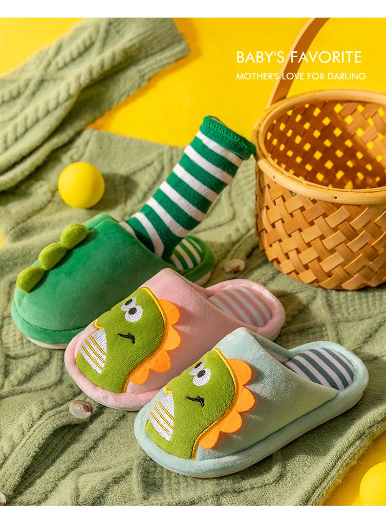 Children Cartoon Dino Fur Slipper Soft Autumn Winter Warm Princess Baby Boys Girl Indoor Home Bedroom Cotton Fleece Fur Shoes