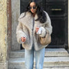 TRAF 2024 Women Fashion Cropped Faux Fur Jacket Coat Long Sleeve Front Snap-button Female Outerwear Chic Lapel Collar Thick Coat