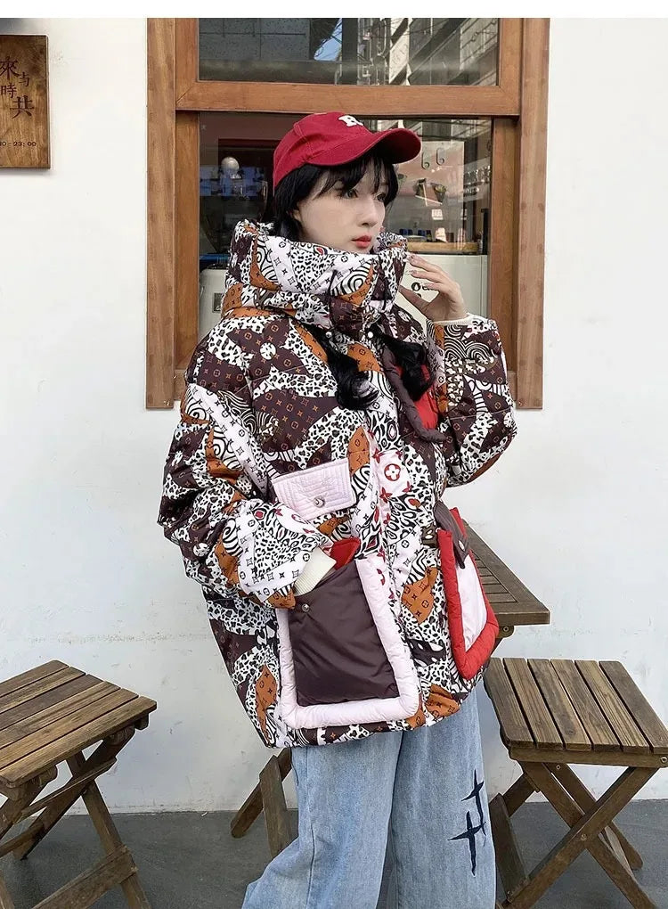 2023 European Station Winter New Down Jacket Women's Warm Fashion Short Color Patchwork Graffiti thick White Duck Down Coa