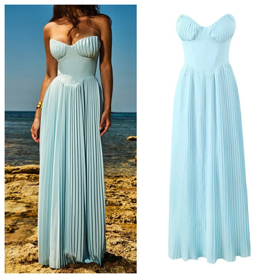 Pure sexy French high-end tube top one-shoulder dress female long seaside holiday pleated skirt