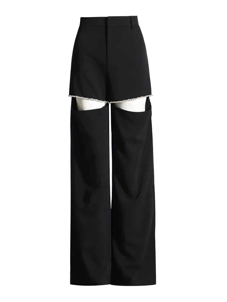 TWOTWINSTYLE Solid Wide Leg Pants For Women High Waist Hollow Out Spliced Diamonds Loose Straight Pant Female Fashion Clothing