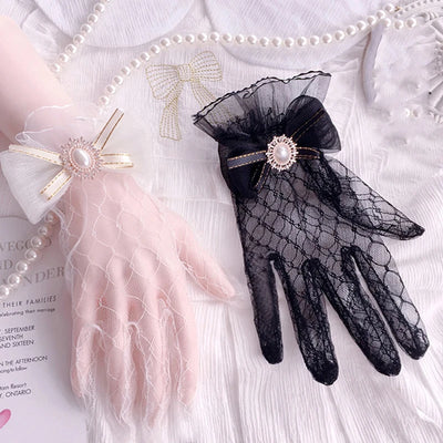 Girl Lolita Mesh Bow Flower Lace Gloves Black White Lace Gloves lolita Lace Sleeves Cosplay Jewelry