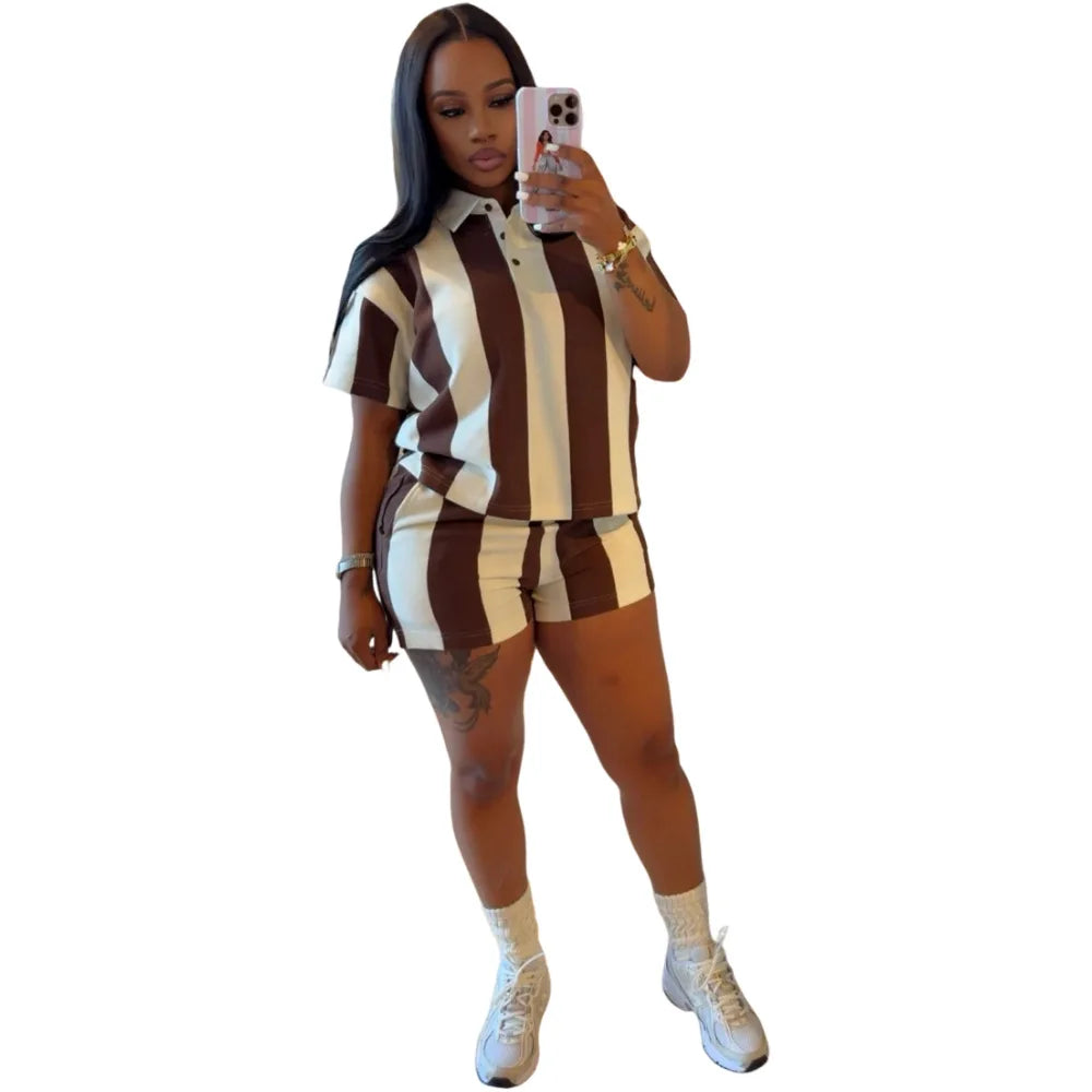 Women's Clothing Fashion Striped Sets Long Sleeve Polo-Neck T Shirt and Shorts 2025 Spring Summer 2 Two Piece Set Tracksuit