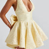 Women Halter Neck Short Dress Summer Jacquard Big Bow Backless Bandage Elegant Evening Party Dresses for Cocktail Prom Wedding