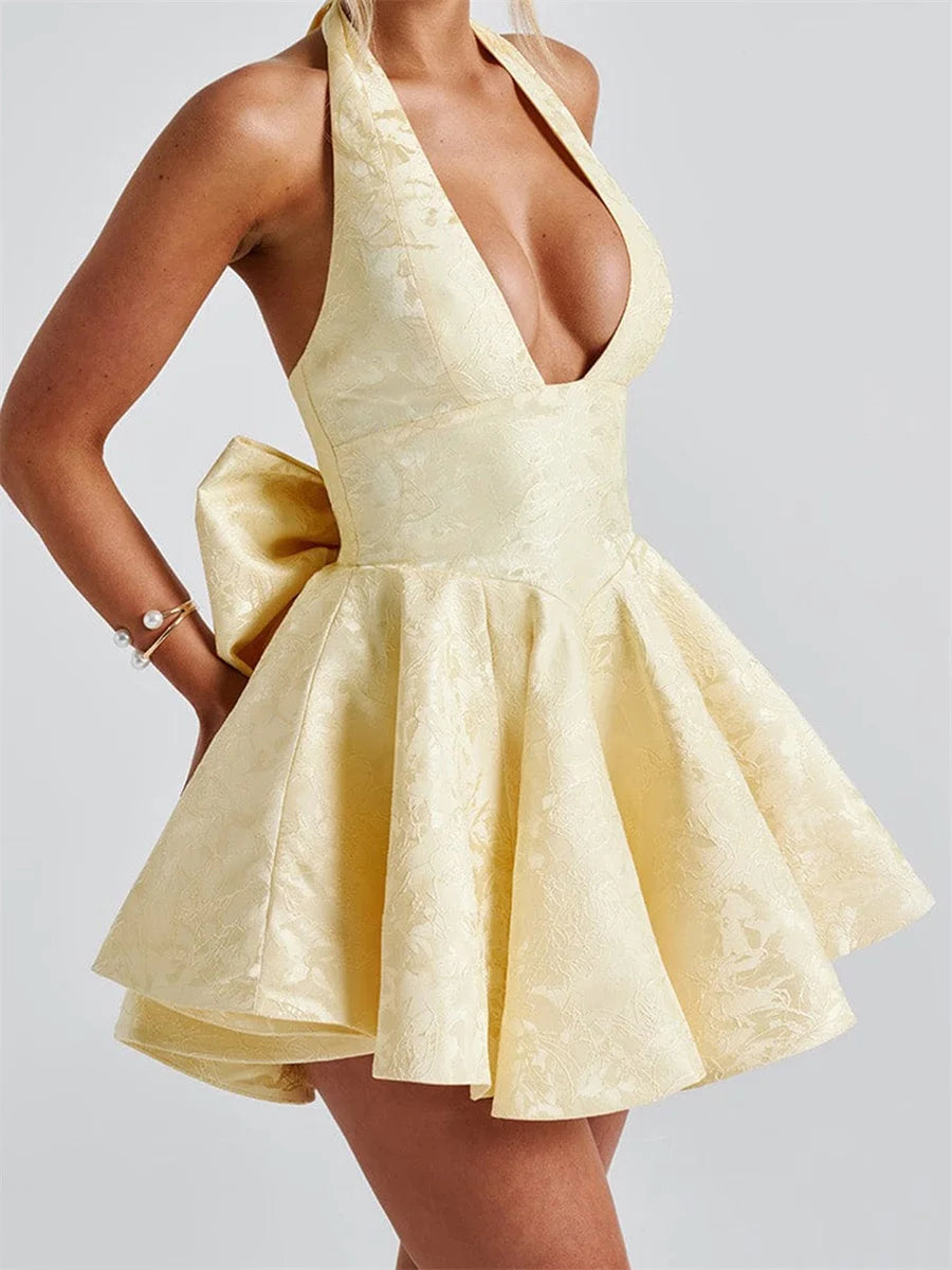 Women Halter Neck Short Dress Summer Jacquard Big Bow Backless Bandage Elegant Evening Party Dresses for Cocktail Prom Wedding