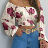 Women Sexy Off Shoulder Printing Blouses Chic and Elegant Lantern Long Sleeve Lace Up Bow Cropped Tops Casual Slim Shirts 2023