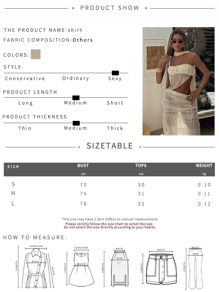 Weird Puss See Through 2-Piece Set Scarf Strapless Top Mesh Irregular Hem+Multi-Pleated Skirt Beach Party Matching Pretty Suits
