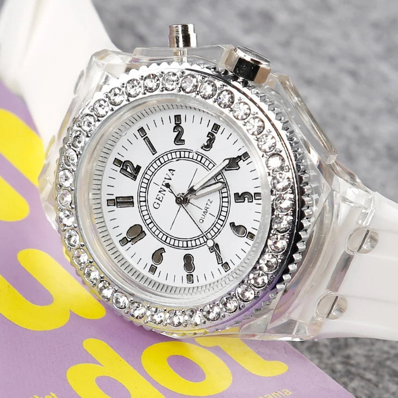 Luminous Quartz Watch for Women Personality Rhinestone Led Fashion Geneva Male and Female Students Couple Jelly Wrist Watches
