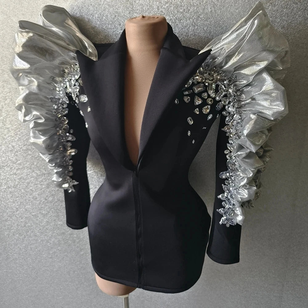 Sparkly Sequins Rhinestones Big Sleeves Black Jacket Sexy Singer Dancer Nightclub Jazz Dance Costume Performance Show Stage Wear