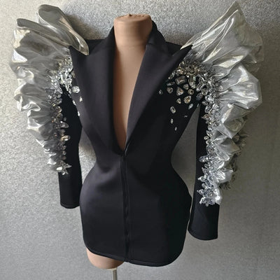 Sparkly Sequins Rhinestones Big Sleeves Black Jacket Sexy Singer Dancer Nightclub Jazz Dance Costume Performance Show Stage Wear