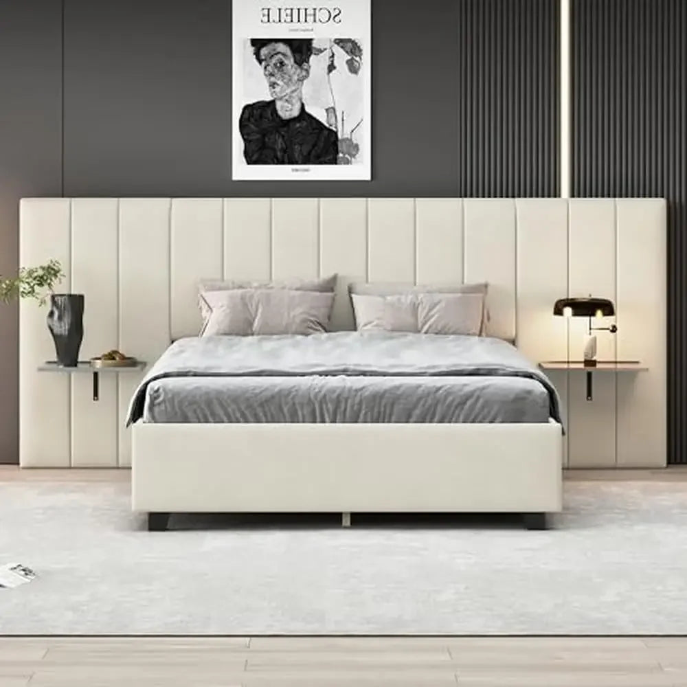 Queen Size Upholstered Platform Bed Velvet Fabric Big Headboard Wooden Frame Bedroom Storage Slat Support No Box Spring Needed