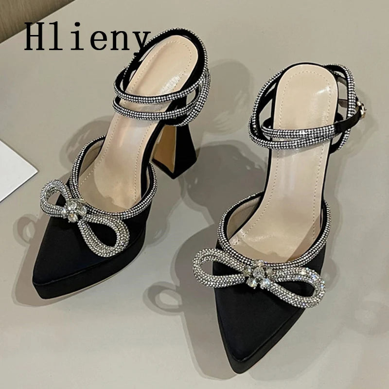Hlieny 2025 Spring Autumn Women Pumps Fashion Platform Pointed Toe Butterfly-Knot Crystal Party Shoes Ankle Buckle Strap Sandals