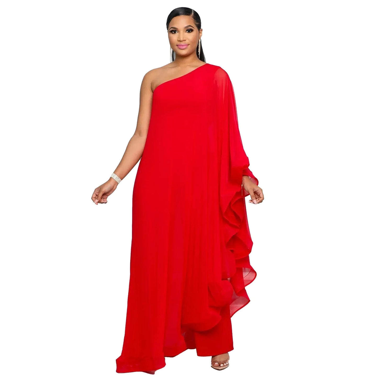 Sexy Chic Women One Shoulder Jumpsuit Chiffon Long Sleeve Prom Party Clothes Designer One Piece Ruffles Rompers 2023