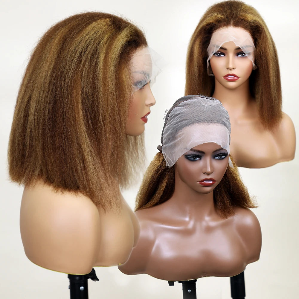 Highlight Ombre Lace Front Wig Human Hair Pre Plucked 13x4 colored 4/27 250%Density Honey Blonde Kinky Straight Lace Wigs