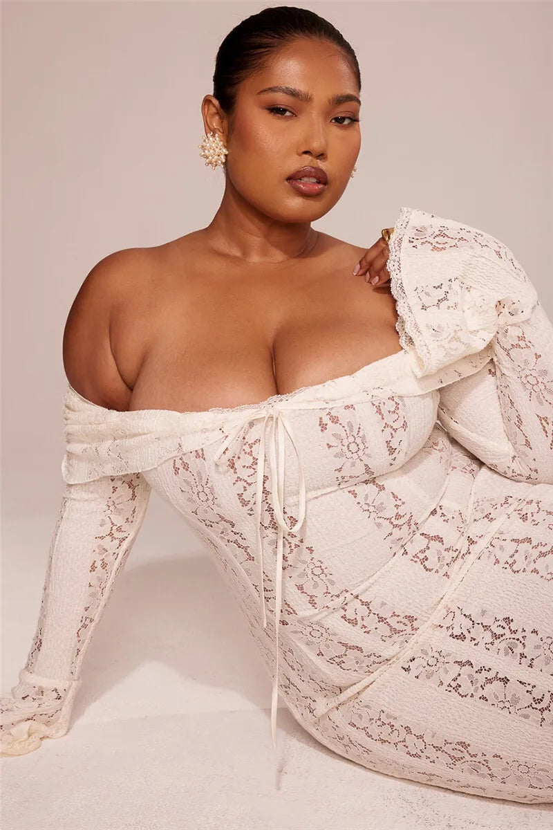 Mozision Floral Lace Off-shoulder Maxi Dress For Women White Strapless Backless Long Sleeve Bodycon Club Party Sexy Long Dress