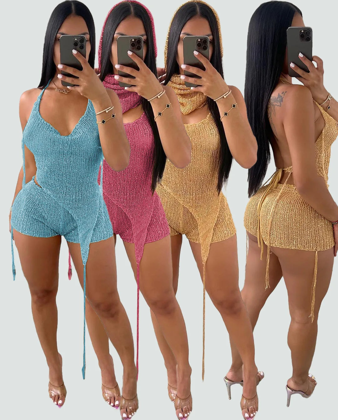 Joskaa Sequins Knit Beach 3 Piece Sets Women Sexy Backless Halter Irregular Top+Head Scarf+Shorts Matching Set Vacation Outfits