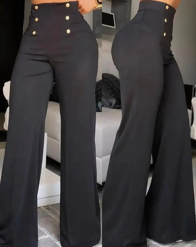 Summer Pants Women Button Decor High Waist Wide Leg Pants Elegant Loose Trousers Korean Fashion Streetwear