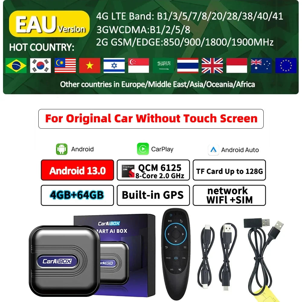 CarAiBOX CarPlay Ai Box Qualcomm 6125 8-Core CPU Android 13.0 System Wireless CarPlay Android auto Built-in Google Play Store