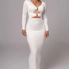Mozision hollow out long sleeve sexy maxi dress for women fashion solid V neck back split bodycon club long dress elegant