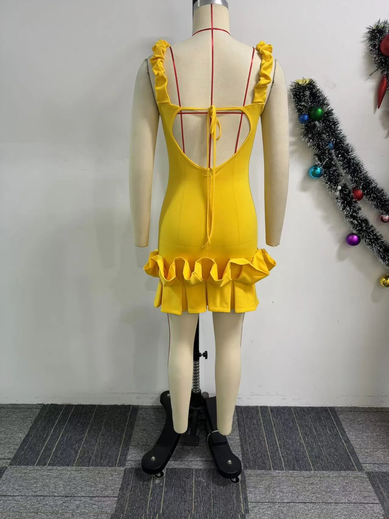 CM.YAYA Women Spaghetti Strap Sleeveless V-neck Mini Dress 2025 Summer Ruched Stacked Party Evening Night Club Chic Dresses