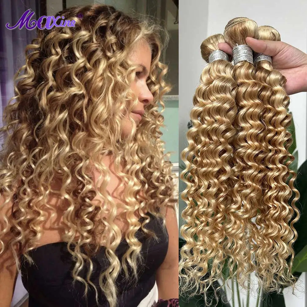 Maxine Highlight Blonde 613 Deep Wave Human Hair Bundles P27/613 Blonde Curly Weave Bundles Deep Wave Colored Bundles Human Hair