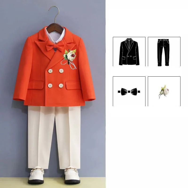 Boys Royal Blue Orange Suit For Wedding Kids Jacket Pants Bowtie Flower 4PCS Ceremony Tuxedo Dress Children Photograph Costume