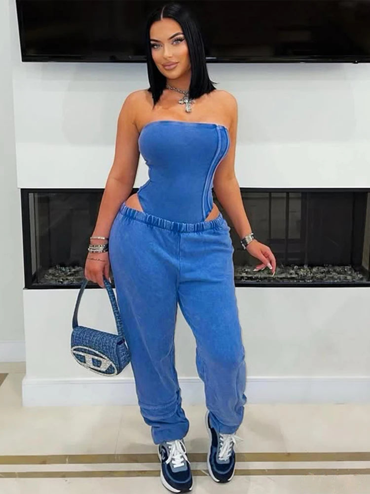 Sexy Tracksuit Cotton Washed Strapless Bodysuit and Jogger Pants Set 2025 Trendy Women Clothes Jogging Suit 2 pcs Two Piece Sets