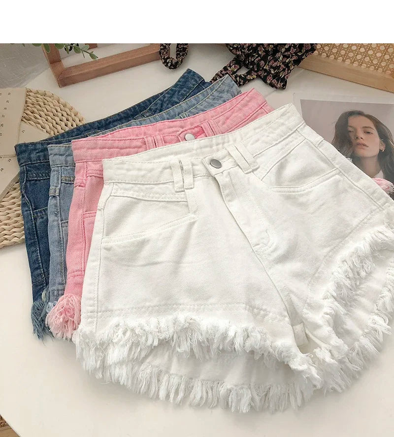 ITOOLIN Women Vintage Tassels Denim Shorts Button Loose High Waist A-line Jean Shorts Casual Women Office Trousers Streetwear