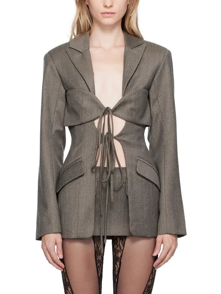 TWOTWINSTYLE Patchwork Lace Up Hollow Out Blazer For Women Notched Collar Long Sleeve Tunic Designer Blazers Female Fashion New