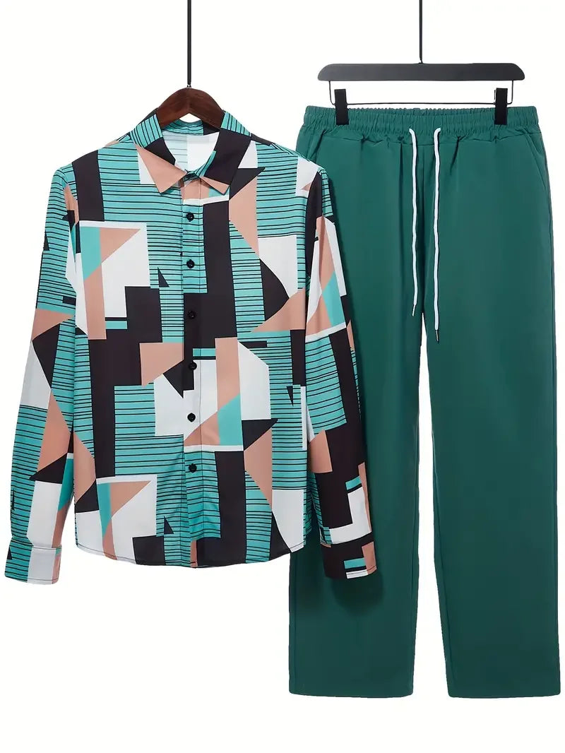 Long Sleeve Shirt Set Men's Geometric 3D Printed Button-up Shirt And Pants Set Men's And Women's Stylish Casual Simple Suit