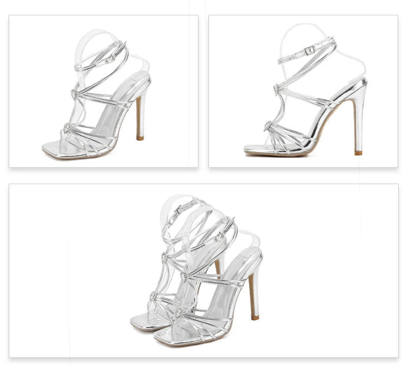 Liyke Summer Blue Denim Sandals Women Elegant Square Toe Party Wedding High Heels Crystal Buckle Narrow Band Female Dress Shoes