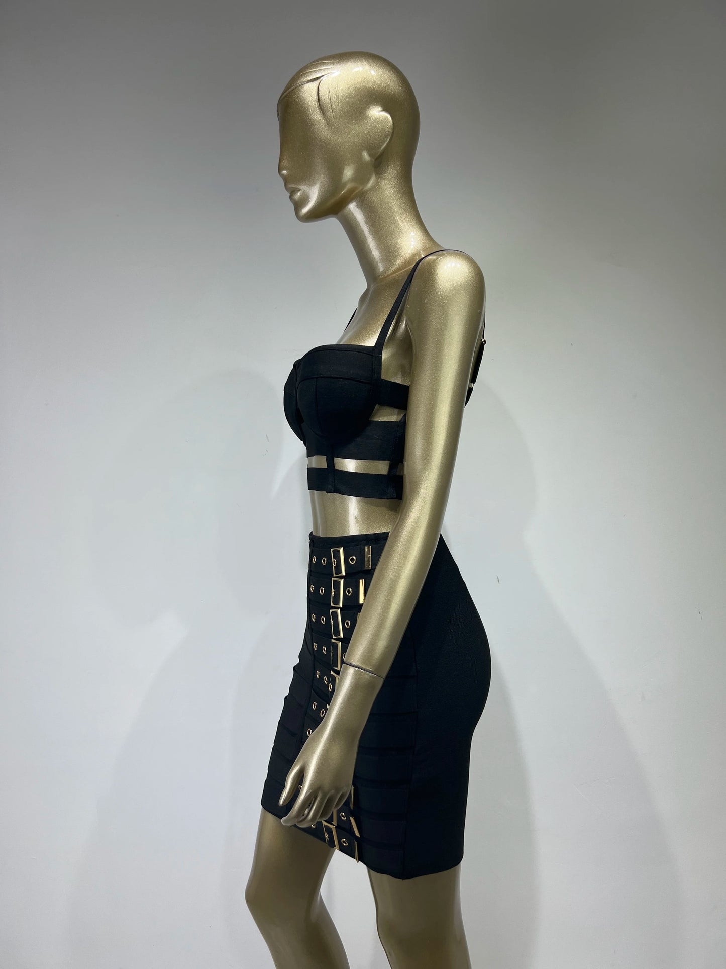 Women Celebrity Sexy Cut Out Mental Black White Mini Bodycon Bandage Skirt Set 2023 Elegant Evening Birthday Club Party Outfits