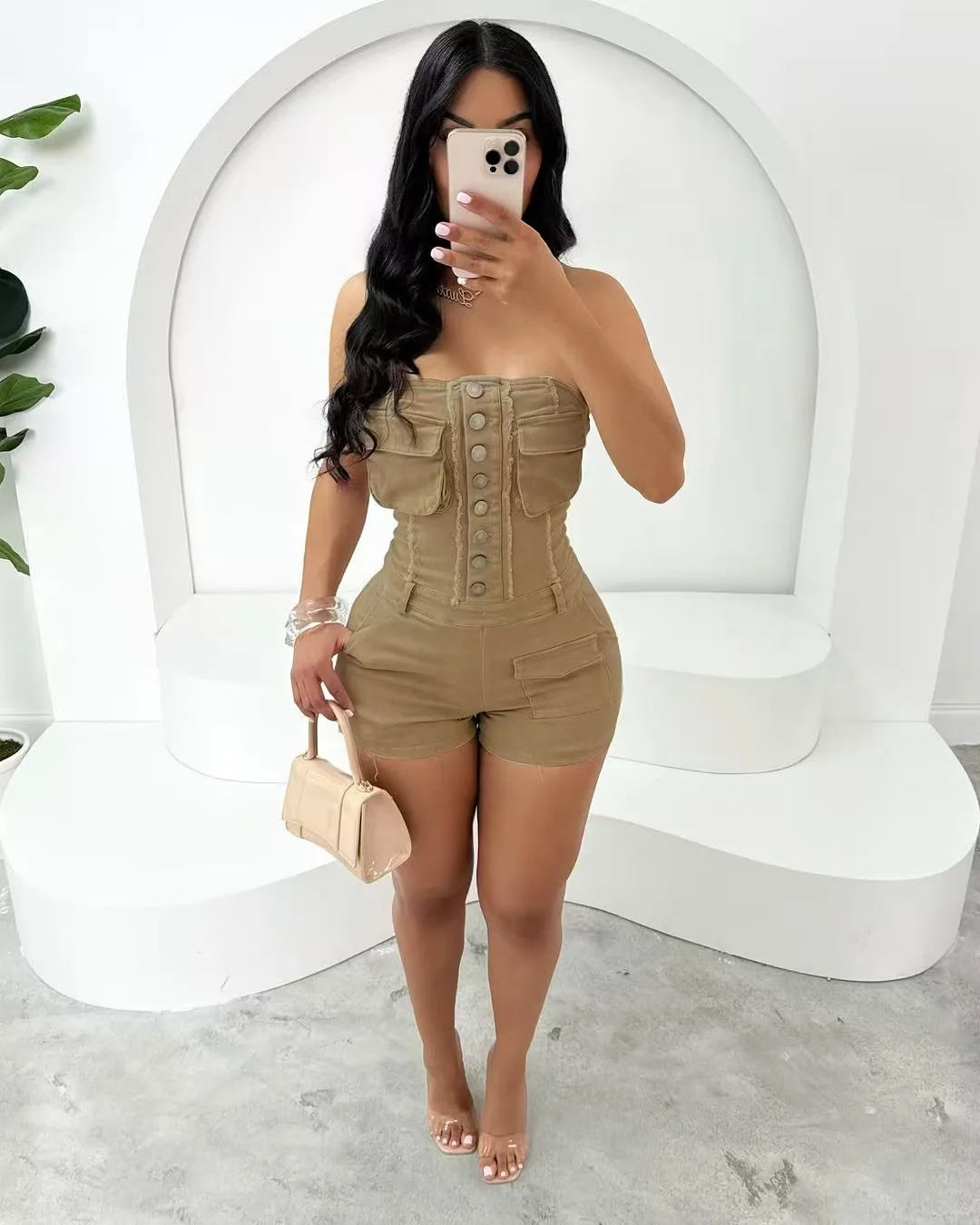 FAGADOER Spring Summer New Sexy Backless Rompers for Women Solid Pocket Cargo Patchwork Jumpsuits Female Streetwear Overalls