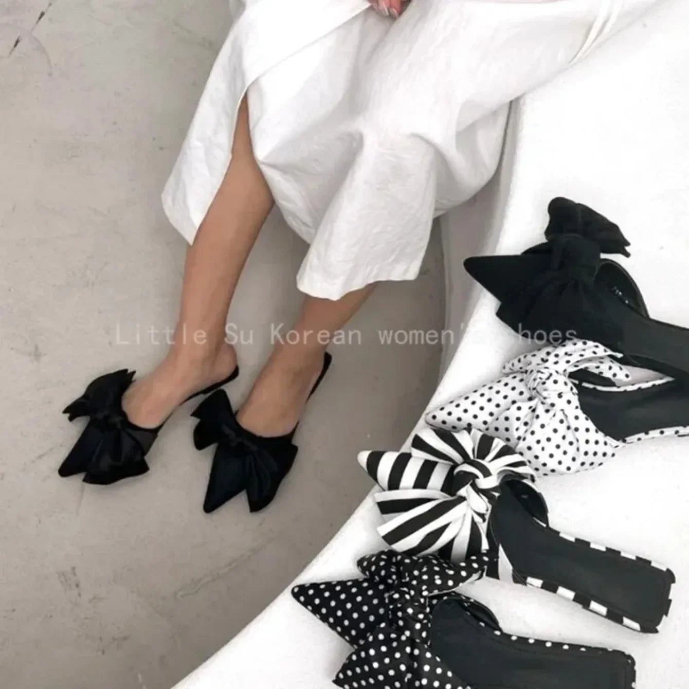Oversize Bowtie Mule Shoes Women Fashion Pointed Toe Stripe Wave Slip-on Sandals Ladies Luxury Satin Silk Outdoor Flat Slippers
