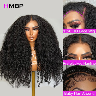 250 Density 13x6 HD Lace Frontal Wig Kinky Curly Glueless Preplucked Human Wigs Ready To Go Brazilian Wigs 100 % Remy Human Hair