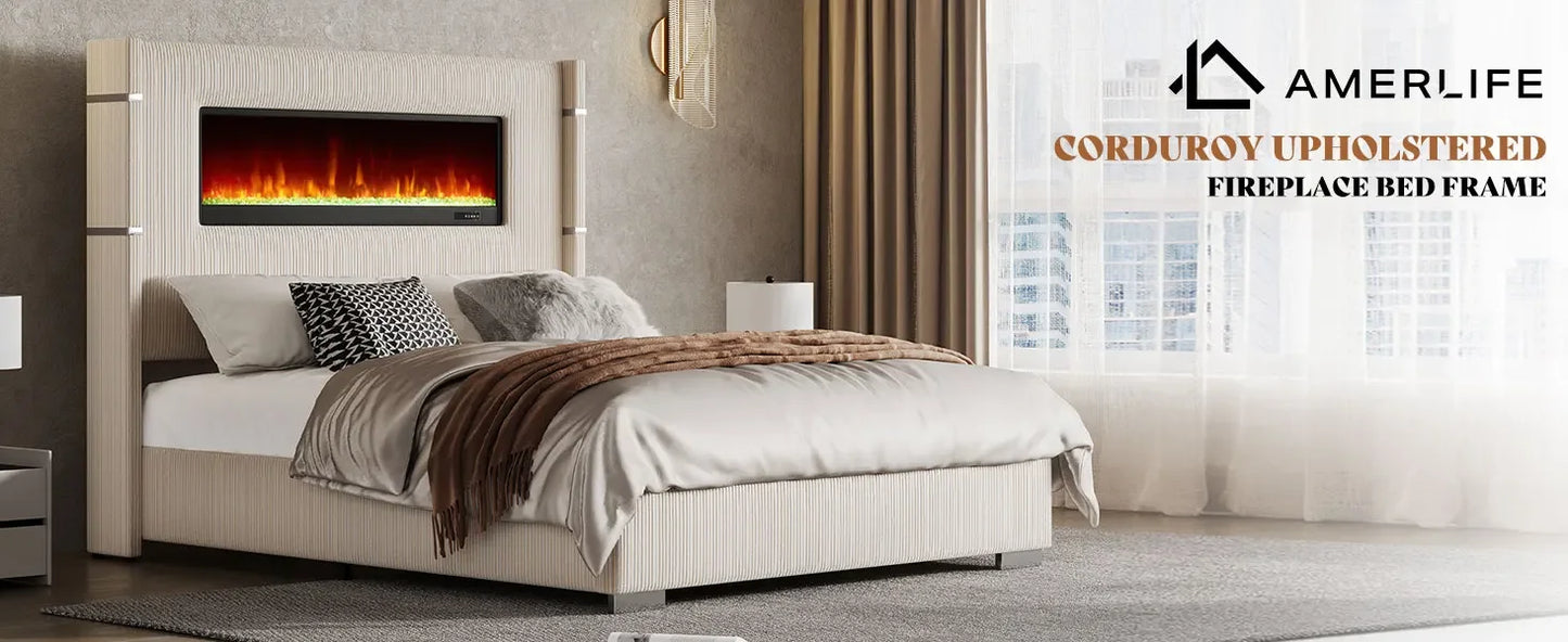 Bed Frame with Fireplace,Wingback Platform Bed Frame with 60.4“ Extra Tall Headboard,Corduroy Upholstered Bed Frame Wooden Slats