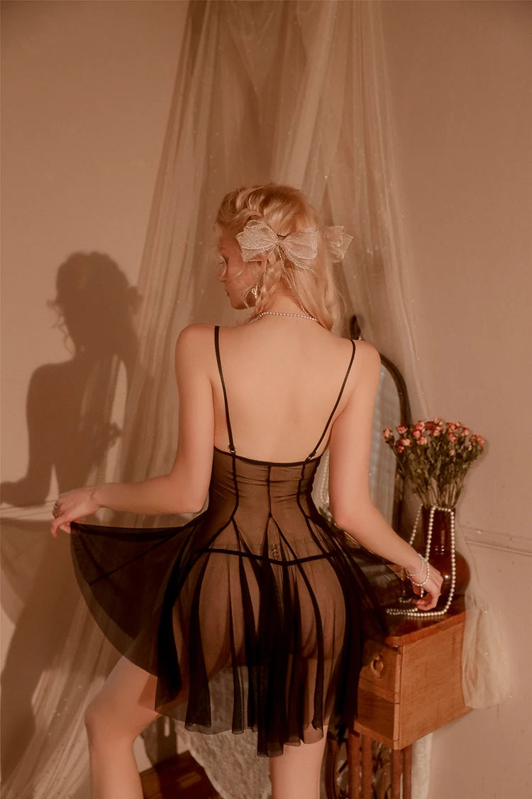 Sexy Elegant Lingerie Nightgowns Perspective Women Elegant Nightwear Lace Trim Sleepwear Woman Sleeveless Suspender Nightdress